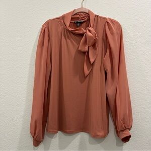 Elegant Cable & Gauge Women's Blouse‎ in Pink tie at neck Sheer arms Size Large